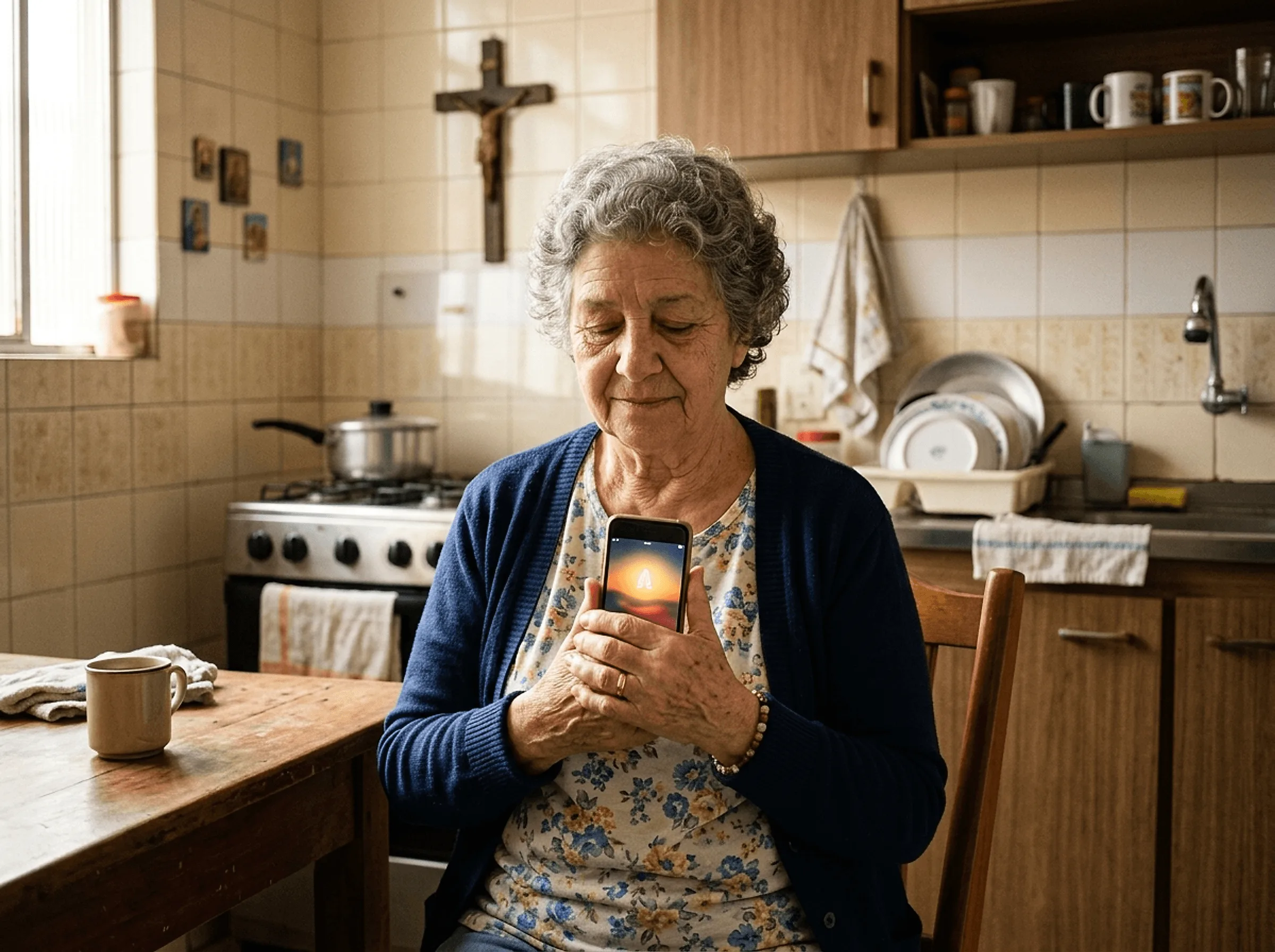 Senhora idosa brasileira usando o Cenáculo na cozinha